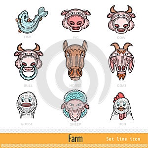 Set of Color Farm Animals Outline Web Icons