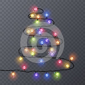 Set of color garlands, festive decorations. Glowing christmas lights isolated on transparent background. Frame with