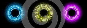 Set of color hologram portal. Magic fantasy portal. Magic circle with halo effect. Vector color glow scifi teleport with