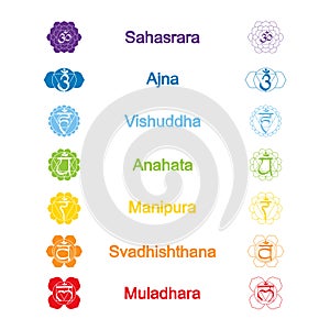 Set of color icons with names of chakras in Sanskrit