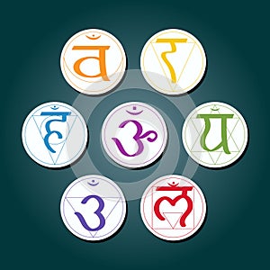 Set of color icons with names of chakras in Sanskrit (Root Chakra, Sacral Chakra, Solar Plexus Chakra, Heart Chak