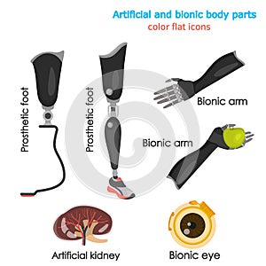 Set of color icons of prostheses and artificial parts of the body