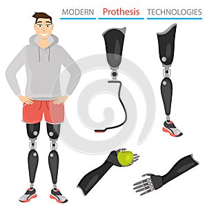 Set of color icons of prostheses and artificial parts of the body. Guy with leg prostheses illustration