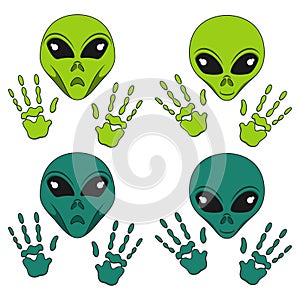 Set of color illustration with alien face and hands. Isolated vector object.