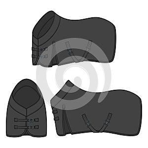 Set of color illustration with black horse blanket, horsecloth. Isolated vector objects.