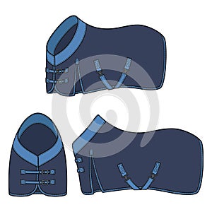 Set of color illustration with blue horse blanket, horsecloth. Isolated vector objects.