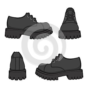 Set of color illustrations with black shoes, boots. Isolated vector objects.