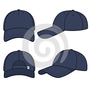 Set of color illustrations with a blue denim baseball cap. Isolated vector objects.