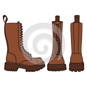 Set of color illustrations with brown boots, high boots with laces. Isolated vector objects.