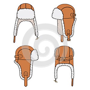 Set of color illustrations with flying cap with earflaps. Isolated vector objects.