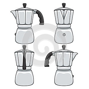 Set of color illustrations of geyser coffee makers. Isolated vector objects.