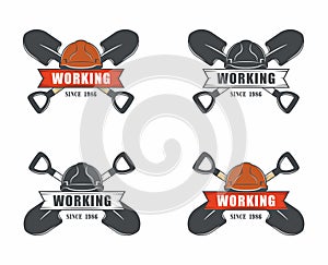 Set of color illustrations helmet, crossed shovels and ribbon with text on a white background.