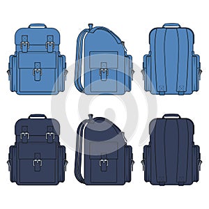 Set of color illustrations with a jeans backpack. Isolated vector objects.