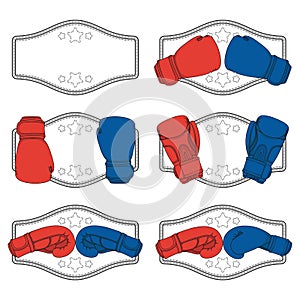 Set of color illustrations with red and blue boxing gloves and a winner`s belt. Isolated vector objects.