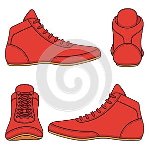 Set of color illustrations with red wrestling shoes, sports shoes. Isolated vector objects.