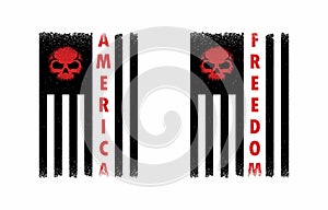 Set of color illustrations of skull, flag and text on a white background.
