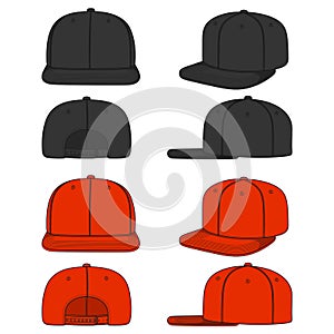 Set of color images of a rapper cap with a flat visor, snapback. Isolated vector objects.