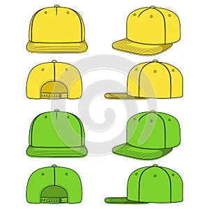 Set of color images of a rapper cap with a flat visor, snapback. Isolated vector objects.