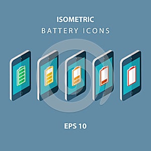 Set of color isometric battery icons with mobile phones.