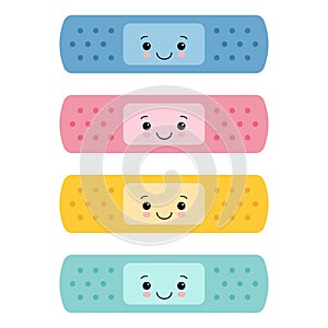 Set of color kawaii band aid icon on white background. vector illustration