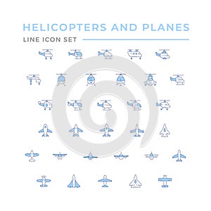 Set color line icons of helicopters and planes