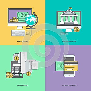 Set of color line icons on the theme of internet banking, online payment