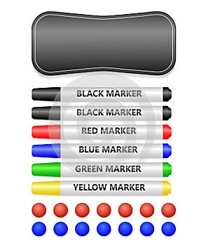 Set of color markers, magnets and sponge-eraser for schools, meetings, conferences and business.