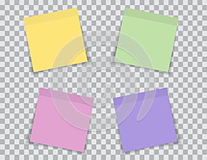 Set of color notes isolated on transparent background. Blank paper stickers. Memo sheets with shadows. Reminder notepad. Post
