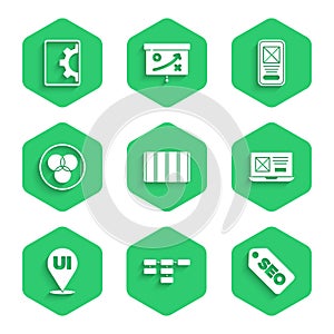 Set Color palette guide, Site map, SEO optimization, UI UX design, RGB and CMYK color mixing, and Web development icon