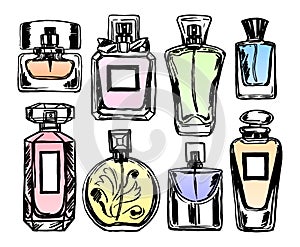 Set of color perfume bottles. Sketch style. Vector illustration.