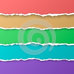 Set of color rainbow torn paper stripes. Paper texture with damaged edge. Isolated vector illustration