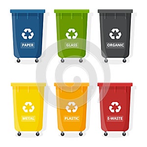 Set of color recycle bin icons isolated on white background. Blue, green, black, yellow, orange and red recycle bins with recycle