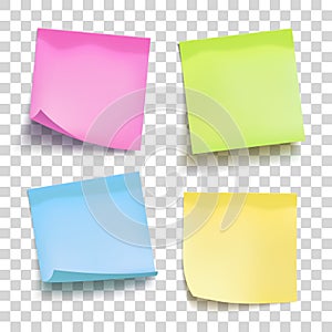 Set of color sheets of note papers. Four sticky notes. Vector