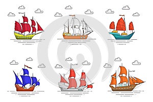 Set of color ships with sails in the sea for trip, tourism, travel agency, hotels, vacation card