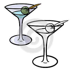 cocktail with olive in a glass glass, martini, cartoon vector illustration on a white background