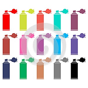 A set of color spray paint cans. Multicolored icons of aerosol cylinders. Isolated vector illustrations.