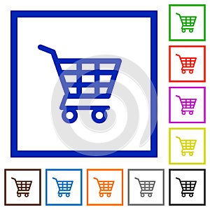 Set of color square framed Shopping cart flat icons