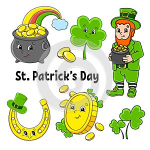 Set of color stickers for kids. Leprechaun with a pot of gold, gold coin, clover, magic rainbow, horseshoe. St. Patrick `s Day.
