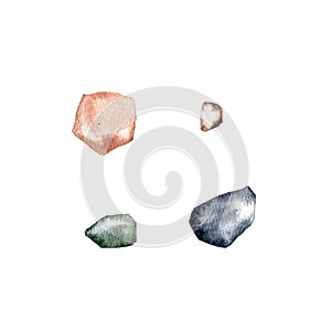 Set color stones isolated on white background. Watercolor handrawing nature illustration. Art for original style design
