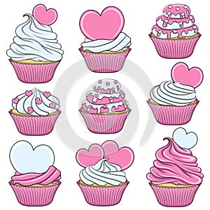 Set of color vector cupcakes with hearts. objects.