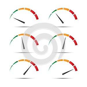 Set of color vector speedometers with indicator in green, orange and red part. Speedometer and performance measurement icons