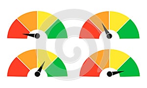 Set of color vector tachometers, flowmeter with indicator in green, orange and red part, speedometer and performance