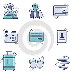 Set of color vector travel, navigation, vacation icons. Characters