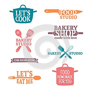 Set of color vintage retro handmade badges, labels and logo elements, retro symbols for bakery shop, cooking club, food