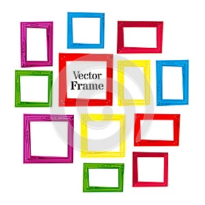 Set of color wooden frames on white background