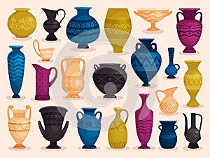 Set of colored antique vases. Vector illustration