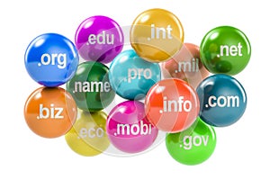 Set of colored balls with domain names, 3D rendering
