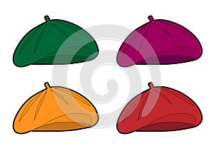 Set of colored berets, illustration, vector on white background