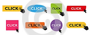 Set of colored buttons Click Here with hand or mouse cursor, isolated on white background. Click here vector web button. UI button