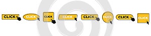 Set of colored buttons Click Here with hand or mouse cursor, isolated on white background. Click here vector web button. UI button